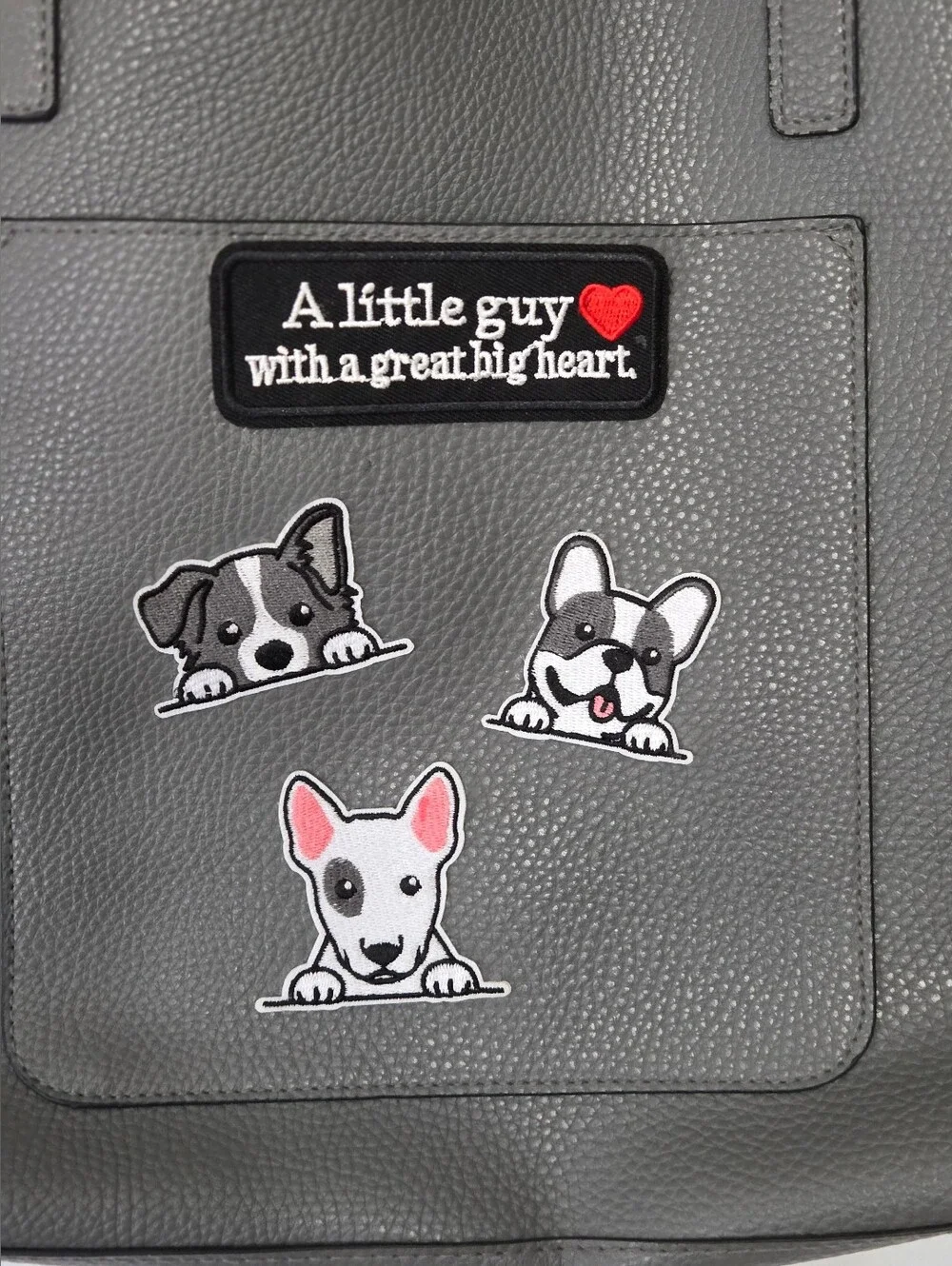 Gray Tote Faux Leather Bag with Dog Patch Accents